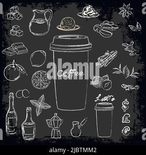 Un set di ingredienti per la preparazione di ricette a base di caffè. Illustrazione vettoriale per le schede dei menu. Imitazione del gesso. Illustrazione Vettoriale