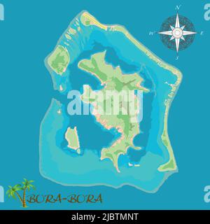 Isola di Bora-Bora. Mappa di sfondo satellitare realistica con le strade e la posizione dell'aeroporto. Disegnata con precisione cartografica. Una vista dall'alto. Illustrazione Vettoriale