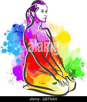 Disegno di yoga colorato - posa di Vajrasana. Disegno reale a mano. Segno vettoriale colorato. Illustrazione Vettoriale