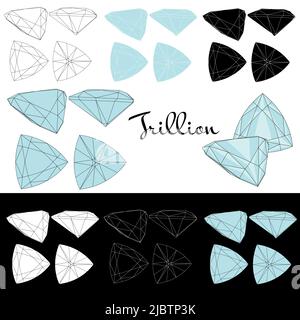 Taglio di trilioni. Pietre di taglio delle gemme. Tipi di taglio a diamante. Quattro lati di gioielli con sfaccettature per sfondo, intaglio e colorazione. Illustrazione Vettoriale