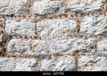 Galleting - piccoli pezzi, o spalls, di pietra arenaria inserita nel mortaio tra blocchi di gesso o clunch nel lato di un cottage di Norfolk. Foto Stock