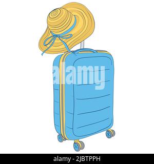 Valigia con cappello da spiaggia. Illustrazione di un viaggio in una vacanza al mare. Illustrazione Vettoriale