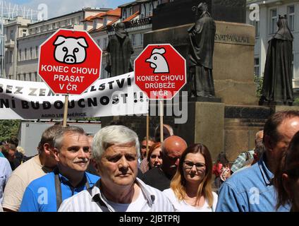 La Camera Agraria Ceca e l'Associazione agricola protestano a Praga, Repubblica Ceca, 8 giugno 2022 sulla de della coalizione di governo Foto Stock