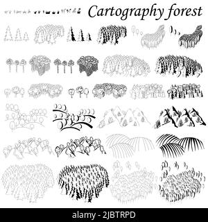 Cartografia. Elementi per creare mappe fantasy o giochi. Legno e montagne con foreste. Set disegnato a mano in bianco e nero. Illustrazione Vettoriale