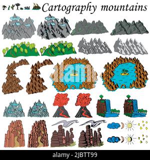Cartografia. Le montagne. Elementi per creare mappe fantasy o giochi. Mare, oceano e montagne con foreste, colline. Set disegnato a mano in bianco e nero. Illustrazione Vettoriale