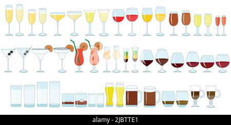 Bicchieri per illustrazione colore vino, champagne, whiskey, cognac. Tipi di bicchieri per bevande alcoliche e analcoliche. Illustrazione Vettoriale