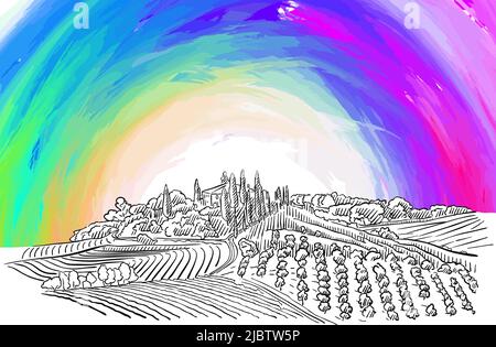 Provenza Paesaggio. Disegno reale a mano. Segno vettoriale colorato. Illustrazione Vettoriale