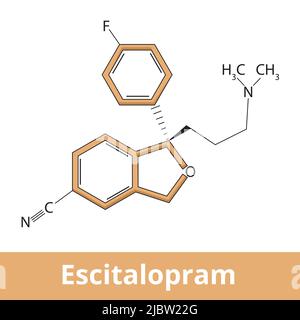Struttura chimica dell'escitalopram. L'escitalopram è un inibitore selettivo della ricaptazione della serotonina (SSRI) utilizzato per il trattamento della depressione maggiore Illustrazione Vettoriale