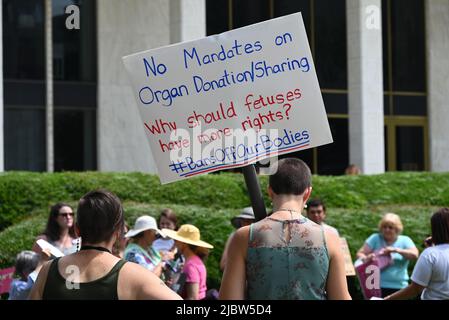 Raleigh, NC, USA, 8th Giugno, 2022, I difensori dei diritti di aborto hanno un divieto dei nostri corpi radunarsi con legislatori di sostegno di fronte all'edificio dell'Assemblea Generale a sostegno della legge della Camera 1119 e del Senato 888. Questi disegni di legge garantirebbero i diritti legali ad un aborto in Carolina del Nord in anticipo di una sentenza della Corte Suprema degli Stati Uniti prevista nelle prossime settimane. Credit D Guest Smith / Alamy Live News Foto Stock