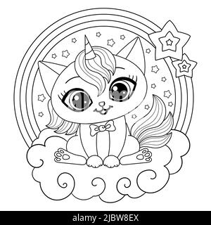 Cute unicorno gatto. Disegno lineare in bianco e nero. Vettore Illustrazione Vettoriale