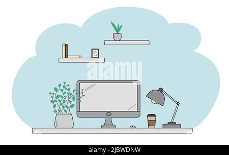 Illustrazione vettoriale, lavoro e studio a casa, formazione online, webinar, seminari, blog. Illustrazione Vettoriale