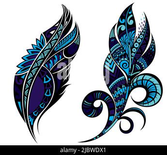 Set di vari disegni di illustrazione di Feather, vettore modello di silhouette di Feather nero Illustrazione Vettoriale