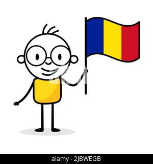 Uomo che detiene la bandiera della Romania isolato su sfondo bianco. Uomo d'arte a linea di doodle disegnato a mano. Concetto di paese. Illustrazione dello stock vettoriale Illustrazione Vettoriale
