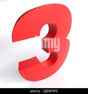 Numero 3 in rosso isolato su sfondo bianco - illustrazione di rendering 3D Foto Stock