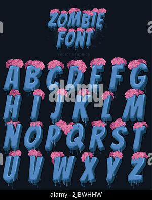 Set di font a-Z in stile vettoriale con un divertente stile grafico cartoonesco - Zombie Font Illustrazione Vettoriale