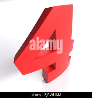 Numero 4 in rosso isolato su sfondo bianco - illustrazione di rendering 3D Foto Stock