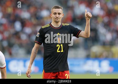 Timothy Castagne in Belgio ha ritratto durante una partita di calcio tra la nazionale belga i Diavoli rossi e la Polonia, mercoledì 08 giugno 2022 a Bruxelles, la seconda partita (su sei) della Nations League A fase di gruppo. BELGA FOTO BRUNO FAHY Foto Stock