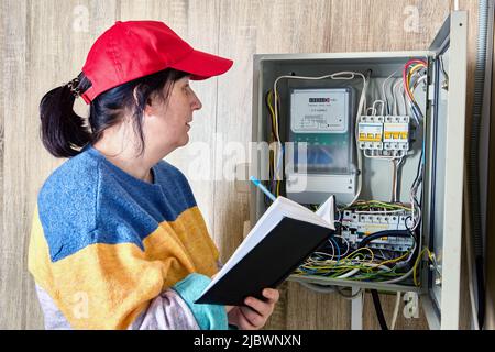 Rilevamento delle letture dal contatore elettrico da parte di elettricista femminile in berretto da baseball. Foto Stock