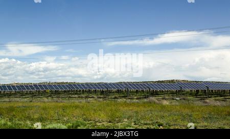 USA. 06th giugno 2019. Un grande campo di pannelli solari siede lungo i-40 nel New Mexico USA il 6 giugno 2019. Nel 2021 il New Mexico si è classificato tra i primi 15 stati per la produzione di energia solare. Lo stato ottiene il 6,14% della sua elettricità da solare.(Photo by: Alexandra Buxbaum/Sipa USA) Credit: Sipa USA/Alamy Live News Foto Stock