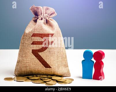 Figurine della coppia e borsa di soldi della rupia indiana. Budget. Ricerca sociale, preferenze dei consumatori. Segmentazione. Marketing e targeting. Investimenti. Sociale Foto Stock