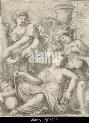 Venere e Amor, accompagnati da Ceres e Bacco. Immaginazione del detto 'Sine Cerere et Bacco froget Venere' (senza pane e vino amore geles), Ceres, Bacco e Venere., tipografia: Pieter van der Plas (II), Paesi Bassi del Nord, 1687 - 1708, carta, incisione, incisione, a 164 mm x l 126 mm Foto Stock