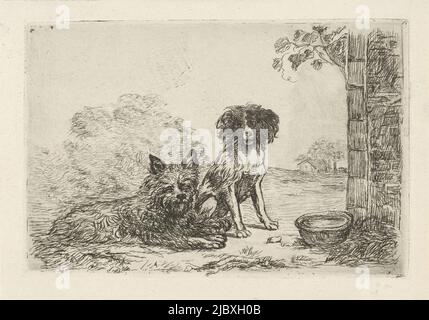 All'aria aperta, due cani siedono di fronte ad una casa vicino ad un bacino d'acqua. Sullo sfondo una casa colonica e diversi alberi., due cani, tipografo: David van der Kellen (1804-1879), 1814 - 1879, carta, incisione, h 84 mm x w 114 mm Foto Stock