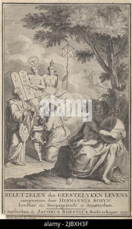 Le virtù teologiche sono la fede, la speranza e l'amore circondate da nuvole. Mosè si alza accanto a loro, mostrando l'interno delle sue palme. In primo piano a destra sotto un albero un uomo che abbraccia il potere secolare. Ai suoi piedi c'è un sacco di soldi, fede, speranza e Amore con Moses pagina del titolo per H. Schyn, ostacoli alla vita spirituale, 1727, tipografia: Frederik Ottens, (menzionato sull'oggetto), Frederik Ottens, (menzionato sull'oggetto), Frederik Ottens, (Menzionato sull'oggetto), Amsterdam, 1727, carta, incisione, incisione, a 147 mm x l 88 mm Foto Stock