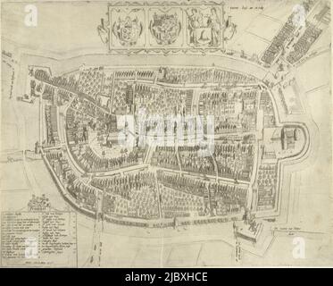 Franeker come vista dall'alto. Al centro sopra la mappa una cartouche con le braccia della Frisia, il Frisone stadholder e Franeker. Sotto a sinistra è una leggenda dal 1-23., Mappa di Franeker, 1598, tipografo: Pieter Bast, (menzionato sull'oggetto), Pieter Bast, (menzionato sull'oggetto), Paesi Bassi del Nord, 1598, carta, incisione, h 363 mm x l 458 mm Foto Stock