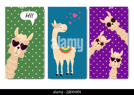 Modello di cartolina con llama. Animali divertenti su sfondo colorato. Illustrazione Vettoriale