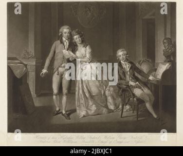 Louise e William sono affiancati, tenendo una lettera. Federico è seduto ad un secretaire, sul quale è un busto di Guglielmo d'Orange. Contro la parete posteriore un medaglione con il ritratto di Re Federico II di Prussia., Ritratto dei figli di Guglielmo V e Wilhelmina di Prussia Ritratti delle loro Highness, William Frederick, William George Frederick, & Frederica Louisa Wilhelmina, principi & Principessa d'Orange e Nassau (titolo in oggetto), Print maker: John Raphael Smith, (menzionato sull'oggetto), dopo: Johann Friedrich August Tischbein, (menzionato sull'oggetto), editore: Antonio Cesare Foto Stock