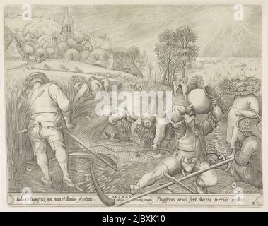 La stagione estiva: I mesi di giugno, luglio e agosto. Le attività associate con l'estate: Mietendo grano, tagliando il grano con la falce, raccogliendo le orecchie e legandole in carrucole. A destra in primo piano il riposo, mangiare e bere durante il raccolto. Sotto la scena c'è un testo in latino, Summer Aestas the Four Seasons (titolo della serie), tipografo: Pieter van der Heyden, disegnatore intermedio: Pieter Bruegel (i), (menzionato sull'oggetto), editore: Claes Jansz. Visscher (II), (eventualmente), Amsterdam, 1570 e/o 1601 - 1652, carta, incisione, h 227 mm x l 286 mm Foto Stock