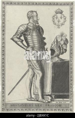 Ritratto di Enrico II, re di Francia, a tutta lunghezza a destra vestito in armatura vicino ad un tavolo, sopra un casco. Sopra a destra il suo stemma., Ritratto di Re Enrico II di Francia Ritratti di re e regine in ritratti a tutta lunghezza (titolo della serie), tipografo: Frans Huys, (menzionato sull'oggetto), editore: Hans Liefrinck (i), (menzionato sull'oggetto), Anversa, 1546 - 1562, carta, incisione, a 304 mm x l 201 mm Foto Stock