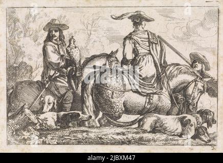 Paesaggio con un falconer a cavallo che tiene un falcone sul suo braccio. È accompagnato da una donna seduta sul suo cavallo in un sedile per Signore. I hounds stanno camminando tra i cavalli., Falconry scene di generi vari (titolo della serie), tipografo: Jan Baptist de Wael, 1642 - 1669, carta, incisione, h 89 mm x w 131 mm Foto Stock