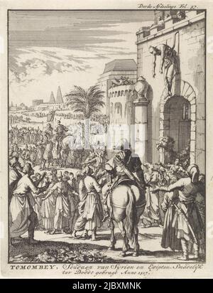 Stampa contrassegnata in alto a destra: Terza partizione fol. 57., Tuman Bay II, Sultan d'Egitto, impiccato sopra la porta della città di Istanbul, 1517 Tomombey, Soudaen di Siria ed Egitto, Smadelyk ter Doodt gebragt anno 1517 , tipografia: Jan Luyken, editore: Jan Claesz ten Hoorn, Amsterdam, 1698, carta, acquaforte, a 190 mm x l 146 mm Foto Stock