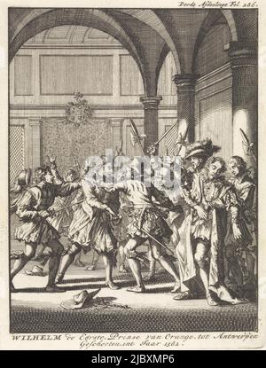 Stampa contrassegnata in alto a destra: Third Afdeelinge Fol. 286., Failed Assault on Prince William i of Orange at Antwerp, 1582 Wilhelm The First, Prince of Orange, sparato ad Anversa, anno int 1582 , stampatore: Jan Luyken, (menzionato sull'oggetto), editore: Jan Claesz ten Hoorn, Amsterdam, 1698, paper, etching, a 190 mm x l 145 mm Foto Stock