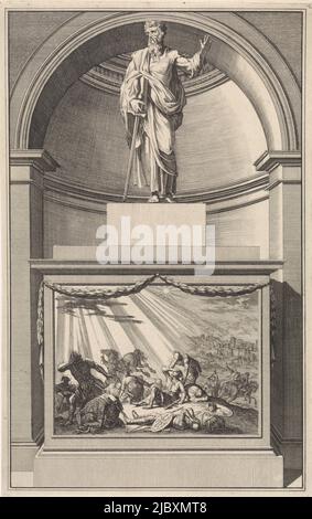 L'apostolo Paolo con una spada in mano. Paolo si erge su un piedistallo, il cui fronte raffigura la sua conversione durante la sua marcia a Damasco, apostolo Paolo, stampatore: Jan Luyken, stampatore: Zacharias Chatelain (II), disegnatore intermedio: Jan Goeree, Amsterdam, 1698, carta, incisione, incisione, a 280 mm x l 176 mm Foto Stock