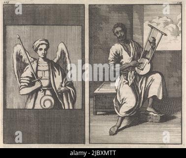 Due rappresentazioni su un piatto, numerate in alto a sinistra: 106., Angelo con spada / Moor suona strumento a cinque corde, tipografo: Jan Luyken, Amsterdam, 1698, carta, incisione, incisione, stampa su carta intestata, h 145 mm x l 182 mm Foto Stock