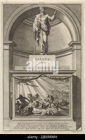 L'apostolo Paolo con una spada in mano. Paolo si erge su un piedistallo dove sull'obversetto è raffigurata la sua conversione durante la marcia a Damasco. Stampa segnata in alto al centro: Fol: 189., Apostolo Paolo Paolo, Apostolo. Sulla strada per Damascus converte , stampatore: Jan Luyken, (menzionato sull'oggetto), stampatore: Zacharias Chatelain (II), (menzionato sull'oggetto), disegnatore intermedio: Jan Goeree, (menzionato sull'oggetto), Amsterdam, 1698, carta, incisione, incisione, h 284 mm x l 181 mm Foto Stock