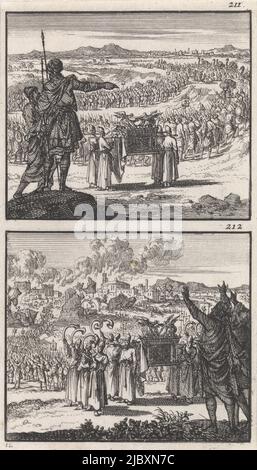 Due rappresentazioni di una piastra. Numerato in alto a destra: 211 e 212., Israeliti che attraversano il Giordano / caduta di Gerico, creatore di stampa: Jan Luyken, (menzionato sull'oggetto), editore: Barent Visscher, editore: Andries van Damme, Amsterdam, 1698, carta, incisione, a 157 mm x l 91 mm Foto Stock