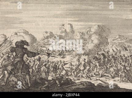 Battle of Seneffe, 1674, Print maker: Jan Luyken, editore: Pieter van der AA (i), print maker: Amsterdam, editore: Leiden, 1698, paper, incisione, stampa su carta intestata, h 111 mm x l 155 mm Foto Stock