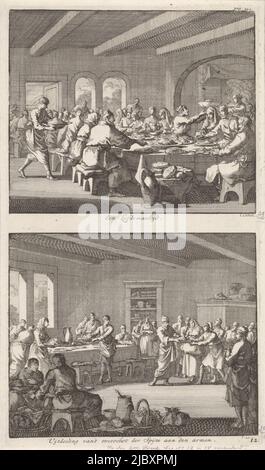 Due rappresentazioni su una diapositiva. Sopra: La congregazione dei primi cristiani che condividono un pasto ad un grande tavolo. Sotto: Dopo un pasto i primi cristiani distribuiscono il cibo rimanente ai poveri della comunità, pasto comunale tra i cristiani e la distribuzione di cibo ai poveri Una cena d'Amore / distribuzione dell'eccedenza di cibo ai poveri , tipografo: Jan Luyken, (citato in oggetto), editore: Jacobus van Hardenberg, libraio: Jacobus van Nieuweveen, Amsterdam, 1700, carta, incisione, a 275 mm x l 160 mm Foto Stock