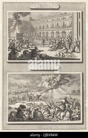 Due rappresentazioni su una piastra. Sopra: La piazza centrale di Gerusalemme con il Tempio di Salomone. Quando il re Tolomeo Filopatore cerca di entrare nel Sacro di Santi nel Tempio, soffre un colpo, che viene da Dio come punizione per la sua curiosità. Il popolo ebraico prega Dio nel panico. Sotto: Due angeli appaiono nel cielo e cacciano via gli elefanti ubriachi di Tolomeo Filopatore, che stavano per calpestare il popolo ebraico. Gli ebrei si inginocchiano e pregano Dio con gratitudine. Sullo sfondo, l'esercito del Filopatore di Tolomeo è calpestato dagli elefanti., il Filopatore di Re Tolomeo subisce un colpo come punizione Foto Stock