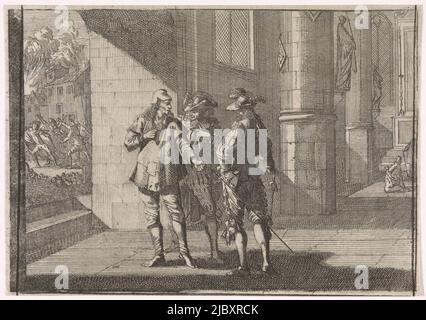 Masaniello, un pescatore che era il capo della rivolta napoletana contro gli Asburgo spagnoli, parla con due nobili in una chiesa. Sullo sfondo gli insorti di Napoli., Masaniello parla con due nobili in una chiesa, 1647, tipografo: Caspar Luyken, (attribuito a), editore: Johann David Zunnern, Francoforte sul meno, 1701, carta, incisione, stampa su carta intestata, h 123 mm x l 179 mm Foto Stock