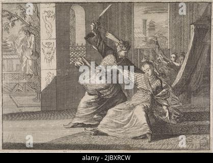 L'imperatore Chongzhen della Cina uccide la propria figlia e si appende nel giardino (a sinistra), l'imperatore Chongzhen della Cina uccide la sua figlia e poi commette il suicidio, 1644, stampatore: Caspar Luyken, (attribuito a), editore: Johann David Zunnern, Francoforte sul meno, 1701, carta, incisione, stampa su carta intestata, h 123 mm x l 179 mm Foto Stock