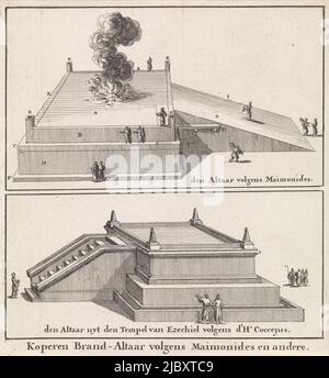 Altare del fuoco di rame altare del fuoco di rame secondo Maimonides e altri, stampatore: Jan Luyken, editore: Willem Goeree, Amsterdam, 1683, carta, incisione, h 144 mm x l 134 mm Foto Stock