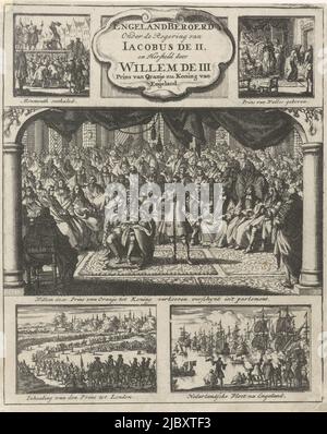 Foglio con cinque rappresentazioni dello sconvolgimento in Inghilterra negli anni 1688-1689, re centrale Guglielmo III che partecipa ad una sessione del parlamento, Guglielmo III come re assiste ad una sessione del parlamento, 1689 pagina del titolo per: Inghilterra agitato sotto il regno di re Giacomo il II. E restaurata da Guglielmo e Maria, principe e principessa di Orangie, 1689, tipografo: Jan Luyken, editore: Jan Claesz ten Hoorn, Amsterdam, 1689, carta, incisione, a 179 mm x l 144 mm Foto Stock