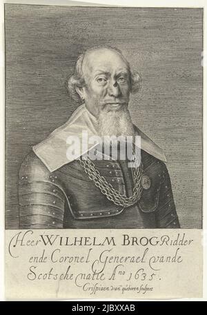 Ritratto di Sir William Brog, dal 1588 un colonnello delle brigate scozzesi al servizio dello Stato. Brag ha un infortunio sul naso, Ritratto di Sir William Brag, tipografo: Crispijn van den Queborn, (menzionato sull'oggetto), l'Aia, 1635, carta, incisione, a 174 mm x l 118 mm Foto Stock