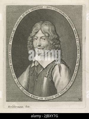 Busto di William Cavendish, in ovale, con scritte sul bordo. Cavendish indossa un'armatura, intorno al collo, una catena con un medaglione, Ritratto di William Cavendish, Conte di Newcastle, tipografo: Lucas Vorsterman (II), (attribuito a), Samuel Cooper, 1651 - 1652, carta, incisione, a 163 mm x l 128 mm Foto Stock