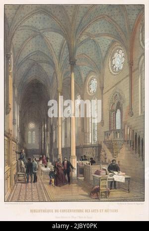 All'interno della biblioteca nell'ex chiesa priorato di Saint-Martin-des-Champs. In primo piano, un uomo sta guardando una stampa o un disegno dietro un tavolo. A sinistra, un uomo tira fuori un libro, interno della Bibliothèque du conservatoire des arts et métiers Bibliothèque du conservatoire des arts et métiers (ancien refectoire de l'abbaye St Martin des Champs)., tipografia: Charles Claude Bachelier, (menzionato sull'oggetto), tipografia: Adolphe Jean Baptiste Bayot, (citato in oggetto), relatore intermedio: Félix Benoist, (menzionato in oggetto), stampante: Nantes, editore: Parigi, c.. 1850 - c. Foto Stock