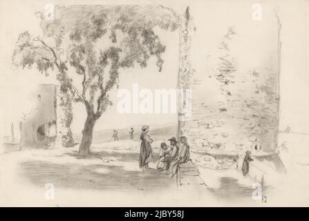 Lavoratori di campagna di riposo vicino ad una torre sotto un albero, Johan Daniël Koelman, 1841 - 1857, disegnatore: Johan Daniël Koelman, 1841 - 1857, carta, h 304 mm x w 446 mm Foto Stock